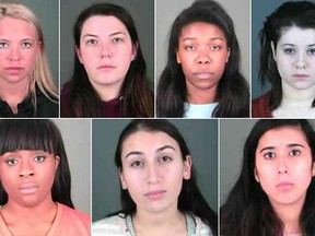 (Top row then bottom row, from left to right) Jessica Raynor, Nicole Johnson, Tereyza Martin, Katrina Bergvoy, Chinazo Ezekwem, Monica Vitagliano and Heaven Guanco have been charged with first-degree hazing. (Handouts)
