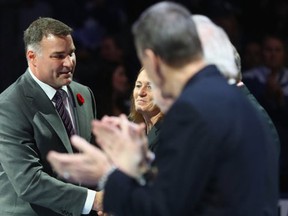Eric Lindros is honored for his induction into the Hockey Hall of Fame prior to the game between the Toronto Maple Leafs and the Philadelphia Flyers at the Air Canada Centre on November 11, 2016 in Toronto, Canada. (Photo by Bruce Bennett/Getty Images)