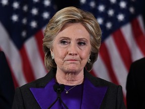 U.S. Democratic presidential candidate Hillary Clinton makes a concession speech after being defeated by Republican Donald Trump in New York on November 9, 2016. (JEWEL SAMAD/AFP/Getty Images)