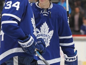 Toronto Maple Leafs forwards Mitchell Marner (right) and Auston Matthews. (CLAUS ANDERSEN/Getty Images)