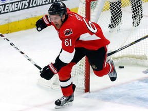 Ottawa Senators' Mark Stone celebrates his goal on Los Angeles Kings goalie Peter Budaj during third period NHL hockey action in Ottawa, Friday, November 11, 2016. (THE CANADIAN PRESS/Fred Chartrand)