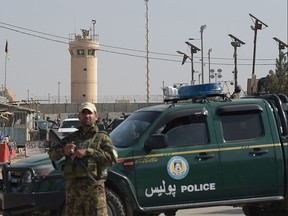 An Afghan security personnel keeps watch near the largest U.S. military base in Bagram, 50 km north of Kabul, after an explosion on Nov. 12, 2016. (SHAH MARAI/AFP/Getty Images)