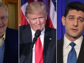 U.S. President-elect Donald Trump (centre), U.S. Senate Majority Leader Mitch McConnell (left) and U.S. House Speaker Paul Ryan (right). (YURI GRIPAS/AFP/Getty Images/Mark Wilson/Scott Olson/Getty Images)