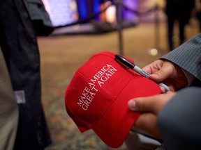 A hat with the words "Make America Great Again" on it is shown before an event at the Eisenhower Hotel and Conference Center in Gettysburg, Pa., in this Oct. 22, 2016 file photo. (Mark Makela/Getty Images)