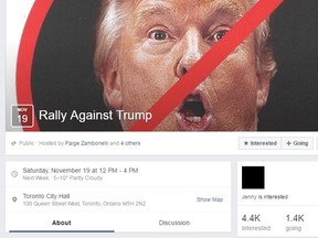 The Facebook page for a planned Toronto Donald Trump protest on Nov. 19. (Facebook)