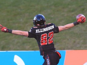 Greg Ellingson of the Ottawa Redblacks celebrates his winning touchdown against the Hamilton Tiger-Cats in the East Conference finals at TD Place in Ottawa, November 22, 2015.