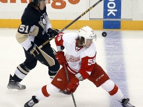 Tyler Bertuzzi in action against the Pittsburg Penguins last week (AP Photo).