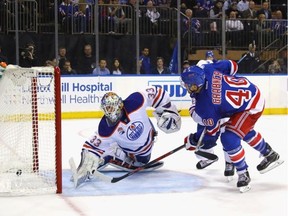 Michael Grabner #40 of the New York Rangers scores at 15:46 of the second period against Cam Talbot #33 of the Edmonton Oilers at Madison Square Garden on November 3, 2016 in New York City. (Getty Images)
