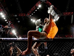 Conor McGregor celebrates his KO victory over Eddie Alvarez in their lightweight championship bout during the UFC 205 event at Madison Square Garden on Nov. 12, 2016 in New York City. (Michael Reaves/Getty Images)