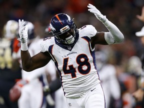 Shaquil Barrett of the Denver Broncos celebrates a sack during the second half of a game against the New Orleans Saints at the Mercedes-Benz Superdome on Nov. 13, 2016 in New Orleans. (Jonathan Bachman/Getty Images)