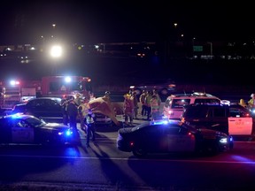All Lanes of Highway 401 eastbound were closed Sunday night after a serious four vehicle collision on the 401 EB at Winston Churchill Blvd. in Mississauga. One person was killed in the crash. (Andrew Collins photo)