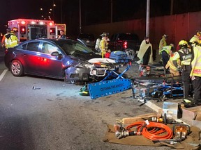 Twelve people were injured in two separate crashes on Highway 417 eastbound near Woodroffe on Sunday night.