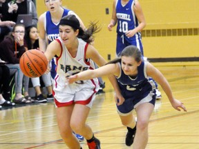Vanessa Ortelli (15) of the Stratford Central senior girls basketball team steals the ball off the dribble from Mitchell DHS's Kayla Bublitz during action against Mitchell last Wednesday, Nov. 9 in the Huron-Perth semi-finals. The Rams led early and eventually claimed a 57-27 victory over their visitors. ANDY BADER MITCHELL ADVOCATE