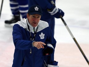 Coach Mike Babcock directs the team during Leafs practice at the Mastercard Centre in Toronto on Wednesday November 9, 2016. (Dave Abel/Toronto Sun/Postmedia Network)