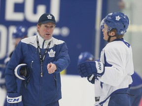 Coach Mike Babcock and William Nylander during the Toronto Maple Leafs practice at the MasterCard Centre on October 26, 2016. (Veronica Henri/Toronto Sun)