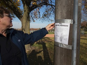 City of Toronto supervisor Fiona Skurjat removes some racist signage  in and around Stan Wadlow Park, in the Coburn and Woodbine Aves. area of Toronto, on Monday, November 14, 2016. (Stan Behal/Toronto Sun)