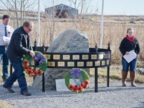 Councillor Quentin Stevick lays a wreath during the Twin Butte’s sixth annual Remembrance Day celebration on Nov. 11.  | Caitlin Clow photo/Pincher Creek Echo