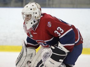 Former Kingston Voyageurs goalie Jeremy Wasson, now with the Napanee Raiders, came within 50 seconds of shutting out the Amherstview Jets on Sunday night. (Ian MacAlpine/Whig-Standard file photo)