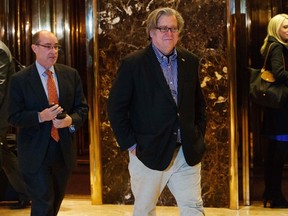 In this Friday, Nov. 11, 2016, file photo, Stephen Bannon, campaign CEO for President-elect Donald Trump, leaves Trump Tower in New York. Trump on Sunday named Republican Party chief Reince Priebus as White House chief of staff and conservative media owner Bannon as his top presidential strategist, two men who represent opposite ends of the unsettled GOP. (AP Photo/Evan Vucci, File)