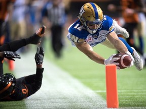 Winnipeg Blue Bombers' Ryan Smith, right, dives for the goal line to score his second touchdown after B.C. Lions' Loucheiz Purifoy, left, failed to stop him during first half western semifinal CFL football action in Vancouver, B.C., on Sunday November 13, 2016. THE CANADIAN PRESS/Darryl Dyck