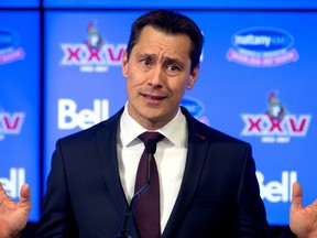 Senators head coach Guy Boucher speaks during his media briefing at Canadian Tire Centre on Monday before the team heads to Philadelphia for their game against the Flyers on Tuesday. (Wayne Cuddington/Postmedia)