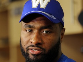 Winnipeg Blue Bombers defensive lineman Jamaal Westerman speaks with the media in Winnipeg, Man. Monday November 14, 2016 following the team's loss to the BC Lions in the CFL Western semi final. Brian Donogh/Winnipeg Sun/Postmedia Network