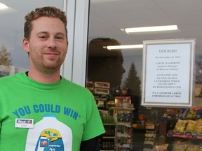 Aaron Woodrow is being hailed a hero after helping save the life of a customer by performing emergency cardiopulmonary resuscitation. Woodrow’s boss placed a sign on the door of the store informing people of Woodrow’s actions. Woodrow is the assistant manager of Mac’s Convenience Store on the corner of Victoria Avenue and MacLean Drive in Timmins, where he performed CPR and called 9-1-1 when a customer collapsed at about 8 p.m. on Friday, Nov. 11.