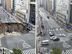 This combo shows a photo of a giant sinkhole (R), measuring around 30 metres (98 feet) wide and 15 metres deep, which appeared in a five-lane street in the middle of the Japanese city of Fukuoka on November 8, 2016 and another photo (L) of the same section of road after repairs were made on November 15. The Japanese city on November 15 reopened the busy street that collapsed into a giant sinkhole, with efforts of crews who worked round the clock for a week drawing raves on social media. / JIJI PRESS / AFP/GETTY IMAGES