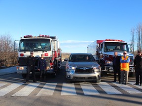 Pictured above from left to right are Drayton Valley/Brazeau County Fire Services Deputy Fire Chief of Training Kamil Lasek, Town of Drayton Valley councillor Fayrell Wheeler, town mayor Glenn McLean, town councillor Graham Long, town Head of Engineering Ron Fraser, and fire services captain William Gueth.