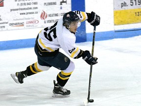 Langton's Zach Van Louwe scored in his Thunder debut Saturday night, and added two assists for a three-point night as Tillsonburg defeated Huron East 5-4. (CHRIS ABBOTT/TILLSONBURG NEWS)