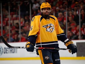 P.K. Subban of the Nashville Predators looks on in the first period while playing the Detroit Red Wings at Joe Louis Arena on Oct. 21, 2016 in Detroit. (Gregory Shamus/Getty Images)