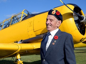 Tillsonburg Legion member 98-year-old Allan Chipps, originally from Courtland, was a mechanic in WWII who learned to be a pilot and navigator before the war ended in 1945. He remembers the Harvard plane well, stationed for a time at the Aylmer airport, home of 110 Harvards during the war. (CHRIS ABBOTT/TILLSONBURG NEWS)