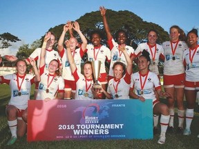 Keyara Wardley, right, was a member of the Canadian women's rugby 7s team that won gold in Trinidad and Tobago last weekend. Submitted photo