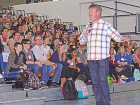 Phil Boyte gets the crowd motivated to kick off “Discover U,” Palliser Regional Schools’ student leadership conference at the University of Lethbridge. Photo courtesy of Palliser Regional Schools