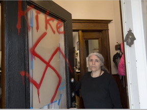 Anna Maranta woke up to find Anti Semitic graffiti on her front door. Tuesday November 15, 2016. Errol McGihon/Postmedia