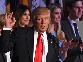 U.S. President-elect Donald Trump flanked by members of his family speaks to supporters during election night at the New York Hilton Midtown in New York on November 9, 2016. (TIMOTHY A. CLARY/AFP/Getty Images)