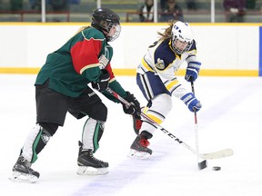 Emilie Byers of Ecole Secondaire Catholique L'Horizon and Vanessa McKinnon of the the College Notre Dame Alouettes battle for the puck during girls high school hockey action in Sudbury, Ont. on Tuesday November 15, 2016. Gino Donato/Sudbury Star/Postmedia Network