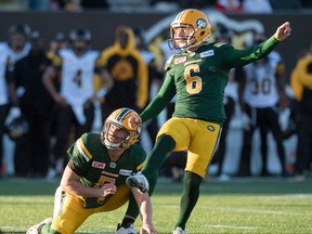 Sean Whyte continued his season-long demonstration of kicking accuracy Sunday against the Ticats in Hamilton. (The Canadian Press)