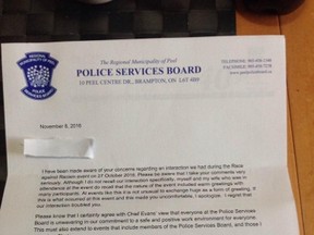 The letter that Amrik Singh Ahluwalia, chair of the Peel Regional Police Services Board, sent to a civilian member of the force.