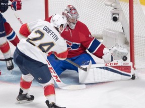 Florida Panthers' Seth Griffith of Wallaceburg shoots at Montreal Canadiens goalie Carey Price during the first period Tuesday, Nov. 15, 2016, in Montreal. (RYAN REMIORZ/The Canadian Press)