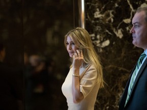 Ivanka Trump walks through the lobby of Trump Tower, November 11, 2016 in New York City. Trump's fashion brand says its 'making adjustments' on how it promotes her label after an email was sent to fashion editors showcasing a bracelet (seen in this photo) she wore during an interview alongside her father, President-elect Donald Trump, on 60 Minutes this past Sunday. (Drew Angerer/Getty Images)