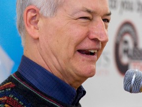 Toronto Blue Jays radio announcer Jerry Howarth addresses the audience during a luncheon in Peterborough on Feb. 3, 2012. (CLIFFORD SKARSTEDT/PETERBOROUGH EXAMINER)