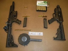 Weapons allegedly seized during execution of search warrant in the Victoria Park Ave. and Finch Ave. E. area on Tuesday, Nov. 15, 2016. A 12-year-old girl was among those charged. (Toronto Police handout)