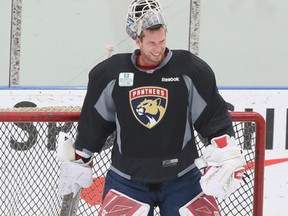 James Reimer in goal during the Florida Panthers practice at the MasterCard Centre on October 26, 2016. (Veronica Henri/Toronto Sun)