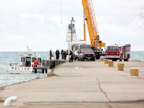 Ontario Provincial Police Search and Recovery Unit divers joined Municipality of Kincardine Fire and Emergency Services on Kincardine's north pier after a vehicle entered the water Nov. 15, 2016 at about 4 p.m. A crane was also on site, as well as an OPP drone to assist in the search.