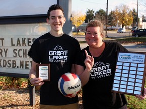 From left, Great Lakes Wolfpack junior boys' volleyball team captain Blake Brand and head coach Sue Harrell Wright hold up championship plaques outside of the school on Wednesday November 16, 2016 in Sarnia, Ont. The LKSSAA win was the school's first team title since amalgamation. (Terry Bridge/Sarnia Observer)