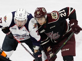 Forward Jonathan Ang #21 of the Peterborough Petes battles on a faceoff against forward Hayden McCool #27 of the Windsor Spitfires on November 13, 2016 at the WFCU Centre in Windsor, Ontario, Canada. (Photo by Dennis Pajot/Getty Images)