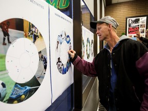 A man who declined to be named adds stickers to proposed activities during an open house at Commonwealth Stadium seeking opinions from the public on what should be done with the Coliseum at Northlands in Edmonton, Alta., on Wednesday, Nov. 16, 2016. (Codie McLachlan/Postmedia)