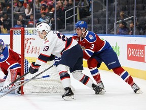 Edmonton's goaltender Patrick Dea, left, and Brayden Gorda, right, defend against Regina's Sam Steel during the Edmonton Oil Kings' WHL hockey game against the Regina Pats at Rogers Place Wednesday. (Codie McLachlan)