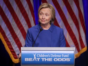 Former Secretary of State Hillary Clinton delivers remarks while being honored during the Children's Defense Fund's Beat the Odds Celebration at the Newseum November 16, 2016 in Washington, DC. This was the first time Clinton had spoken in public since conceeding the presidential race to Republican Donald Trump. (Chip Somodevilla/Getty Images)